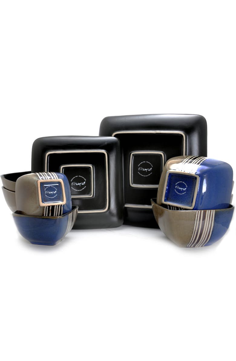 Elama Uptown Loft 16 Piece Double Bowl Stoneware Dinnerware Set with Service for 4, Alternate, color, Blue