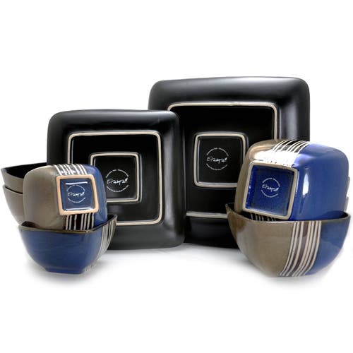 Elama Uptown Loft 16 Piece Double Bowl Stoneware Dinnerware Set With Service For 4 In Blue