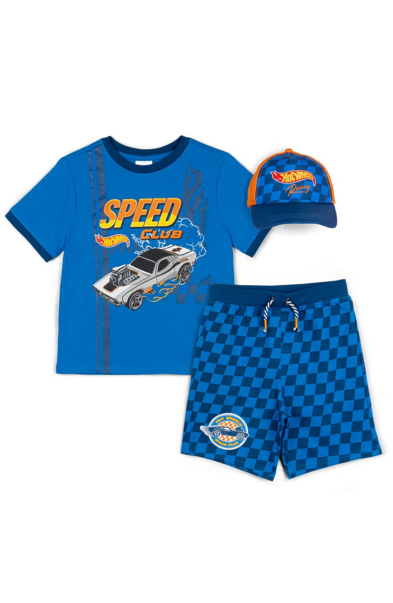 Hot Wheels T-Shirt Shorts & Hat Set, Main, color, Blue