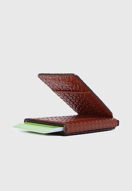Furniq Uk Genuine Leather Weave Pattern Card Holder In Brown