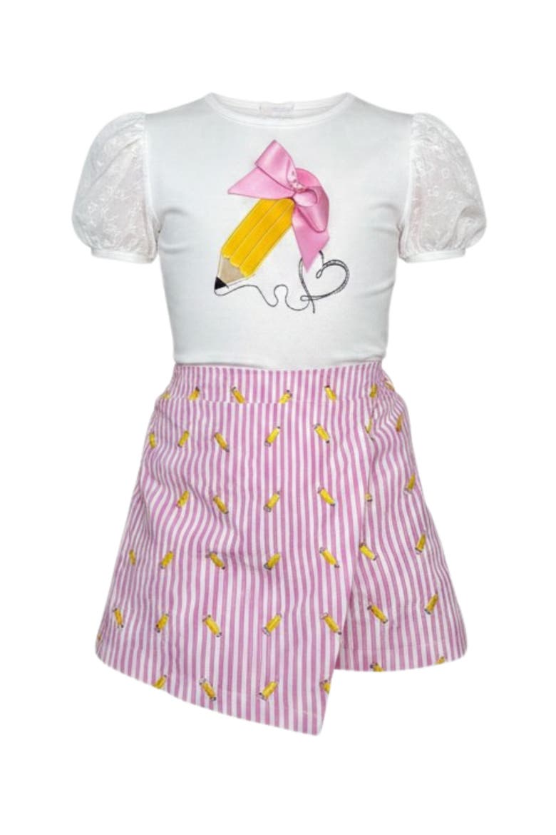 Schoolgirl Chic Puff Sleeve Top and Striped Skort Set, Main, color, Pink