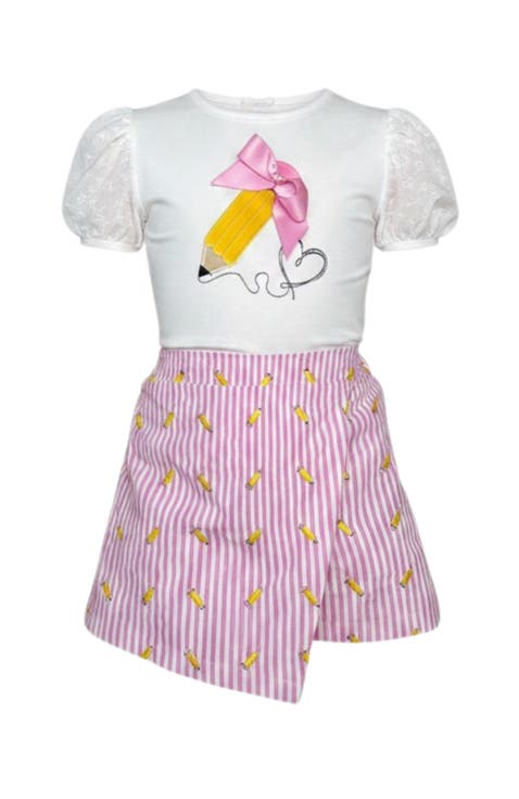 Schoolgirl Chic Puff Sleeve Top and Striped Skort Set