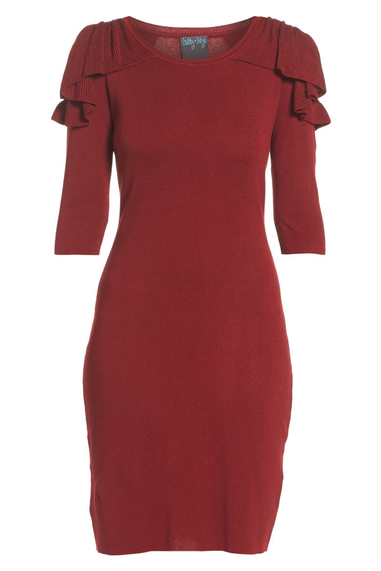 Ruffle Cold Shoulder Sweater Dress, Alternate, color, MERLOT