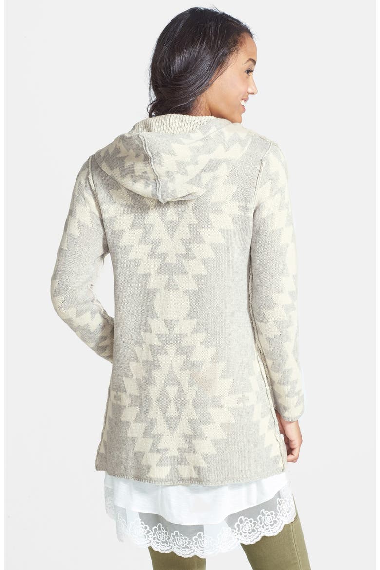 Woven Heart Geo Pattern Hooded Cardigan, Alternate, color, GREY/ IVORY