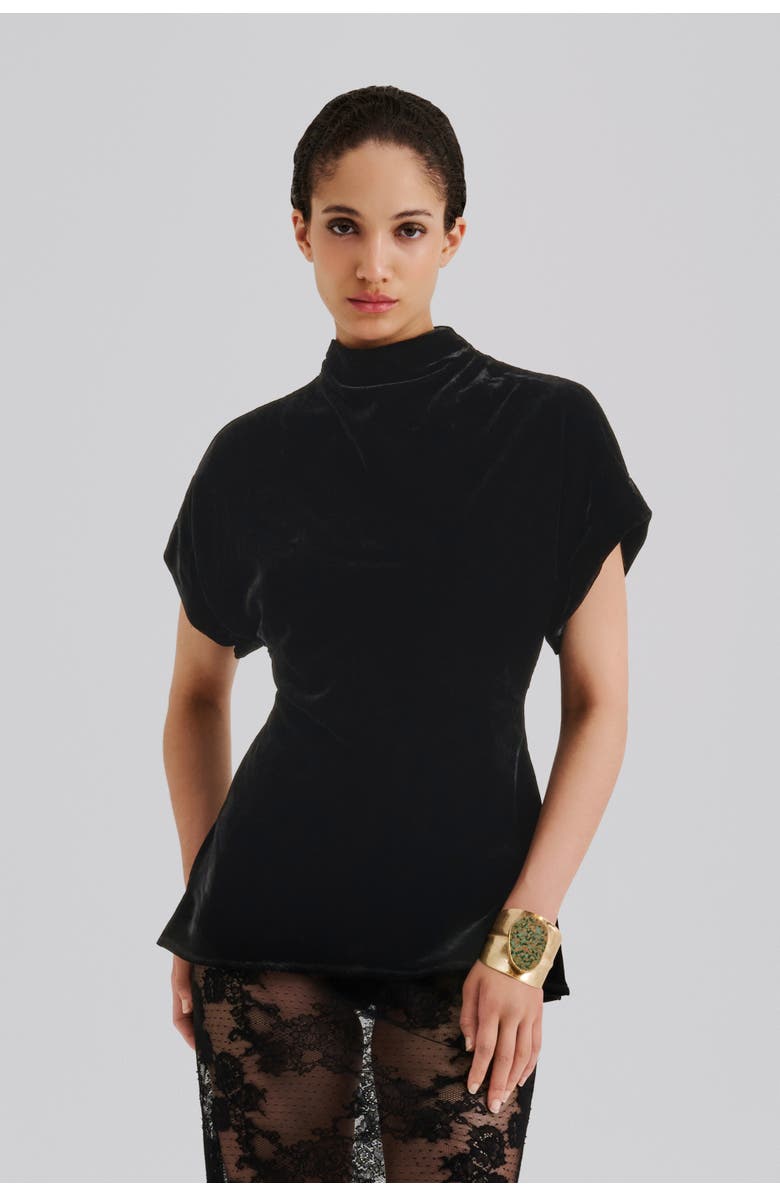 Malina Otilia Draped Half Polo Velvet Top, Main, color, Black