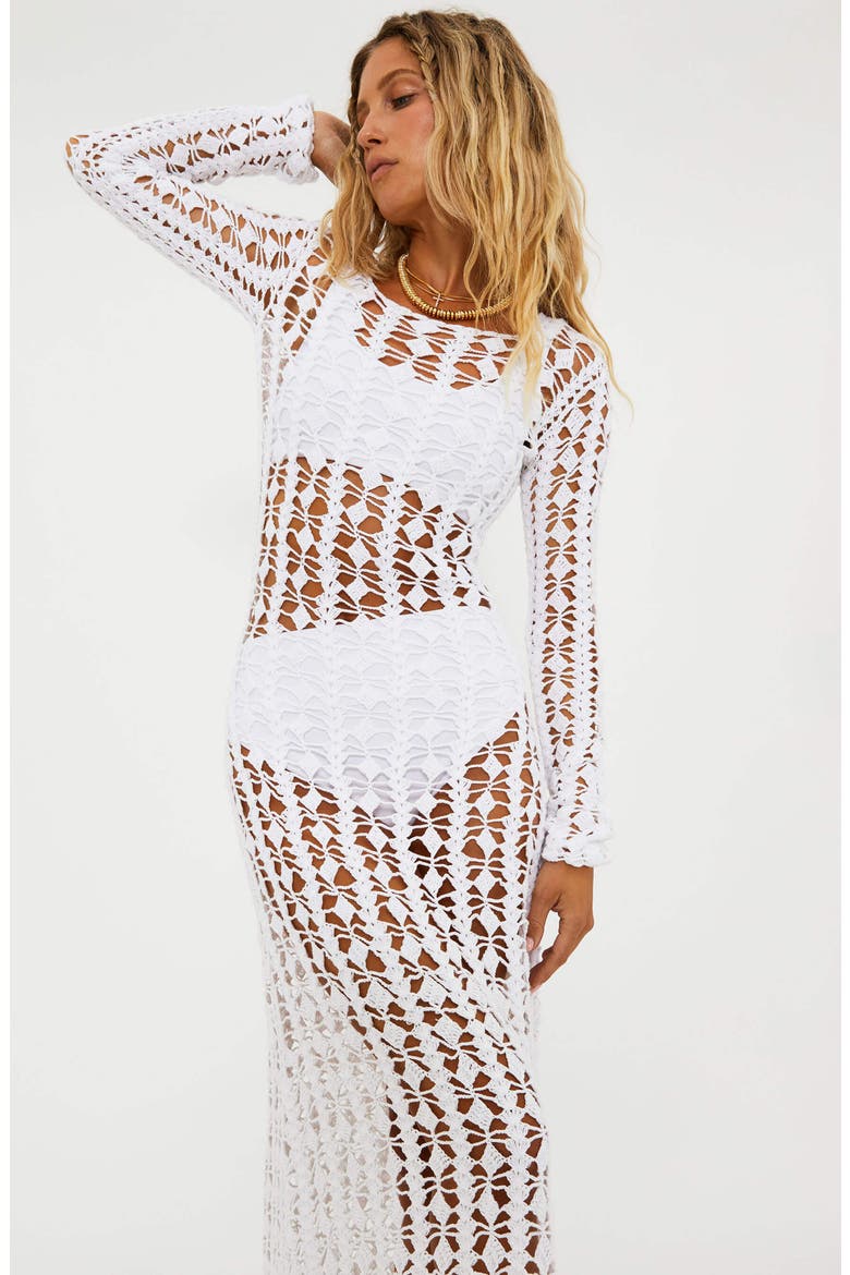 Ariana Long Sleeve Cotton Crochet Cover-Up Dress, Alternate, color, WHITE
