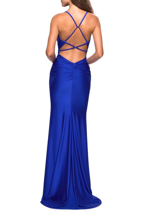La Femme Form Fitting Jersey Dress With Ruching And Strappy Back In Sapphire Blue