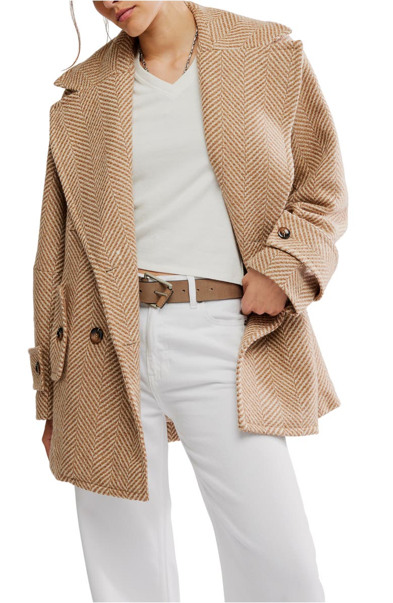 Free People Ari Herringbone Peacoat, Main, color, Tan