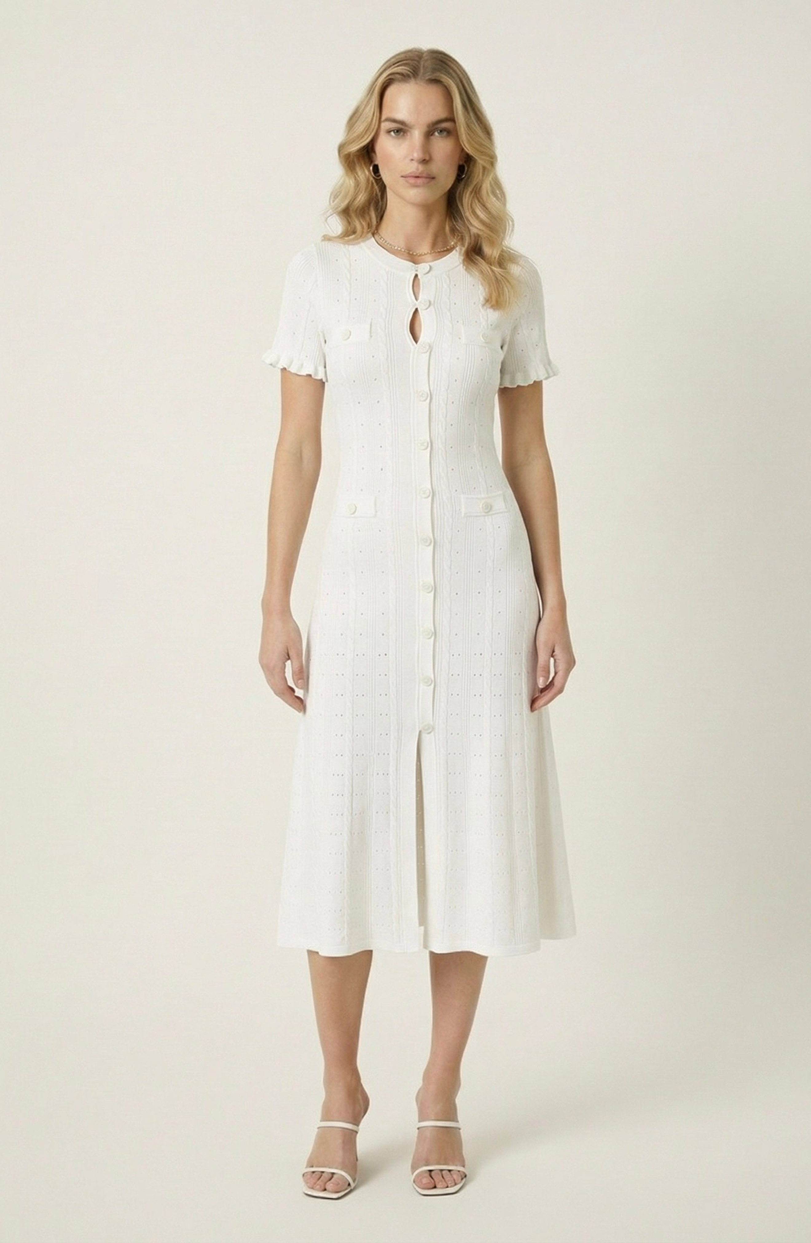 Button Front Knit Short Sleeve Midi Dress