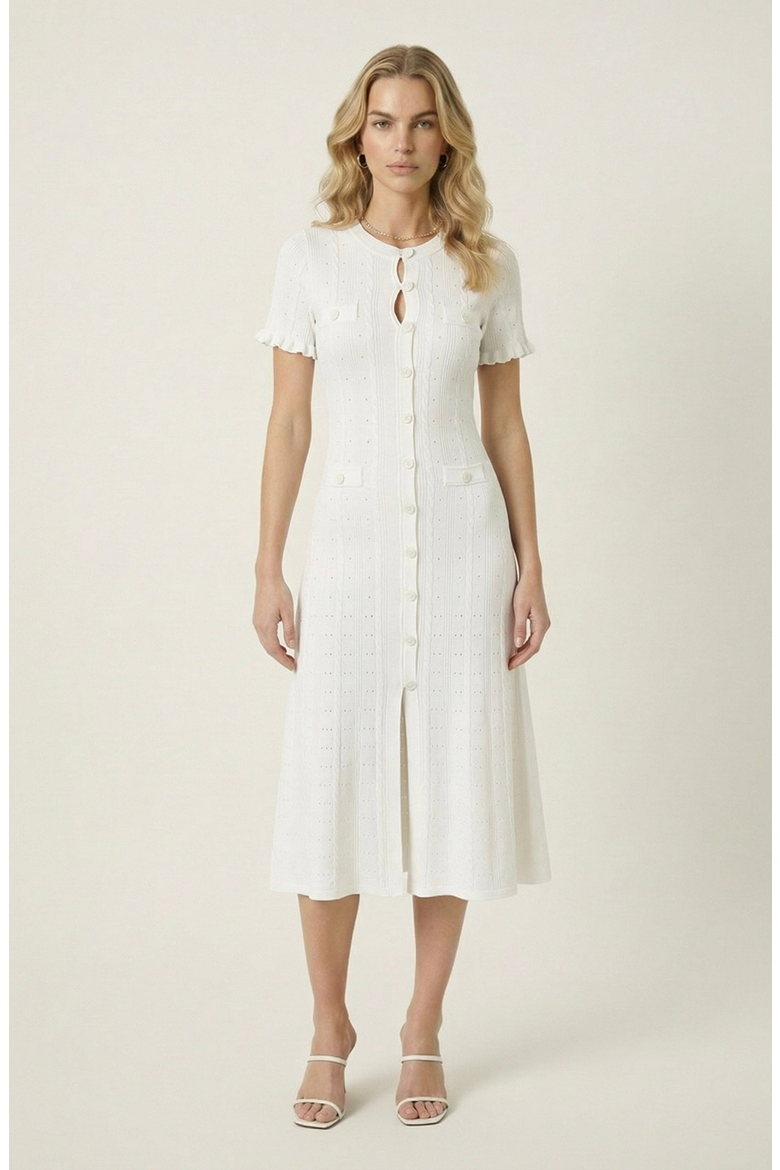 Button Front Knit Short Sleeve Midi Dress, Main, color, White