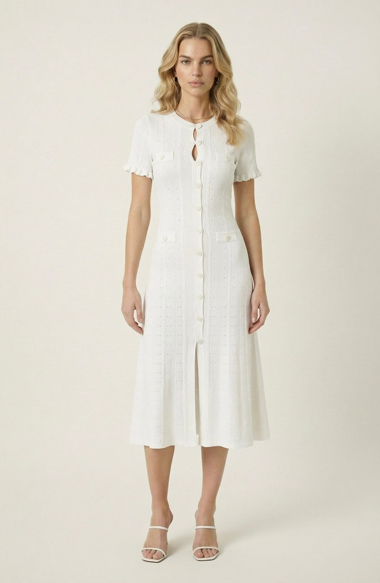 Modenaire Button Front Knit Short Sleeve Midi Dress, Main, color, White