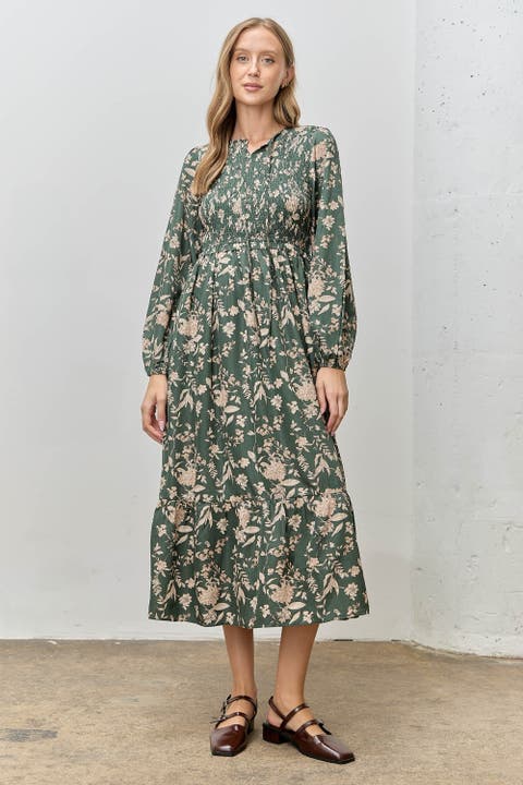 Floral Smocked Long Sleeve Midi Dress