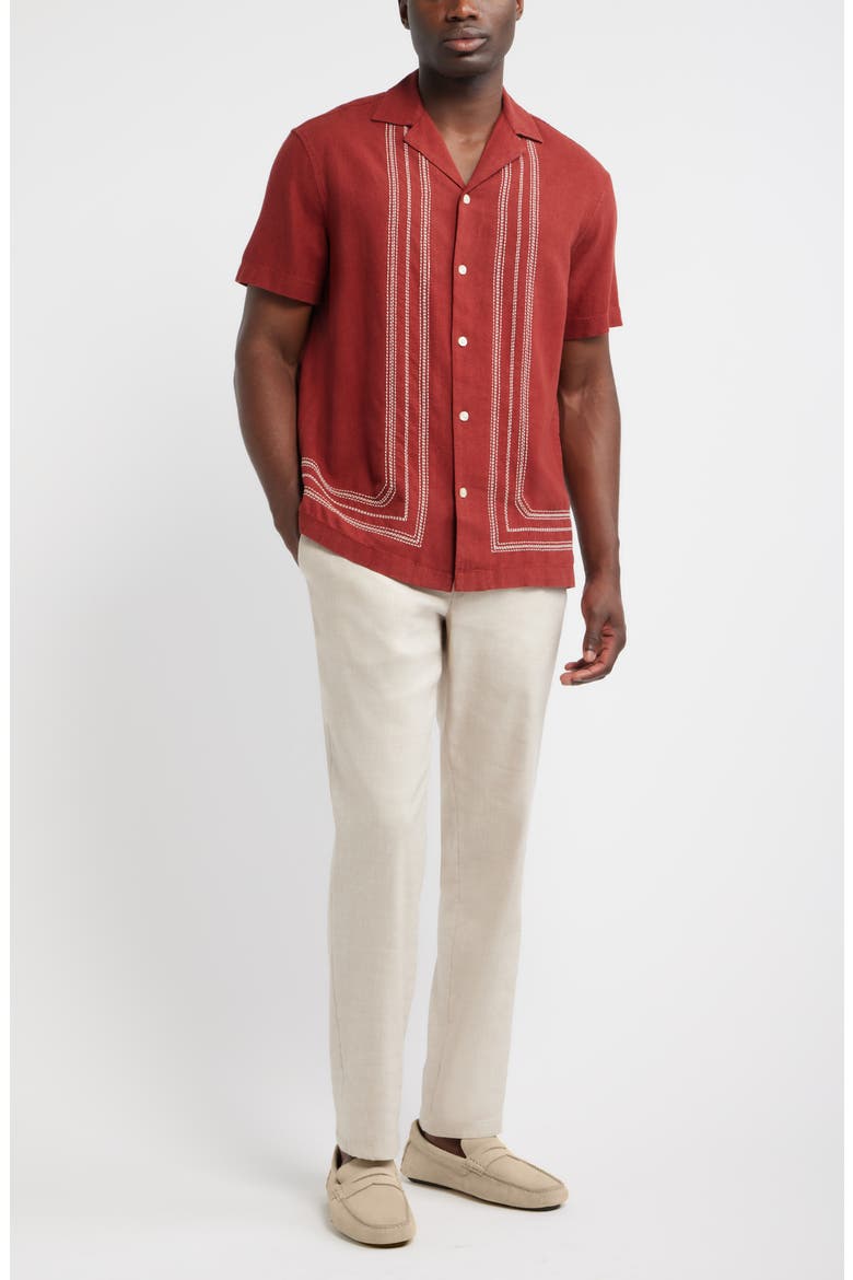 Frame Embroidered Short Sleeve Linen Blend Button-Up Shirt, Alternate, color, RED BRICK FRAMED BORDER