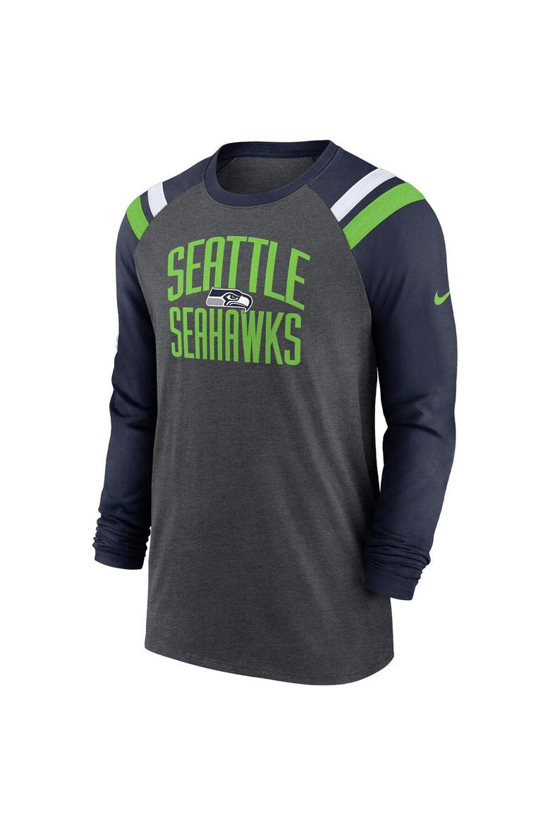 Men's Nike Heathered Charcoal/College Navy Seattle Seahawks Tri-Blend Raglan Athletic Long Sleeve Fashion T-Shirt, Alternate, color, Heather Charcoal