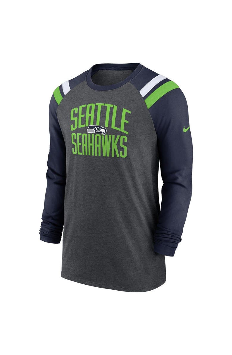 Nike Men's Nike Heathered Charcoal/College Navy Seattle Seahawks Tri-Blend Raglan Athletic Long Sleeve Fashion T-Shirt, Alternate, color, Heather Charcoal