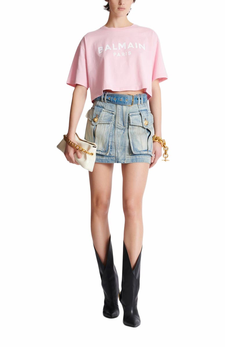 Balmain Cropped T-Shirt With Balmain Paris Print, Alternate, color,