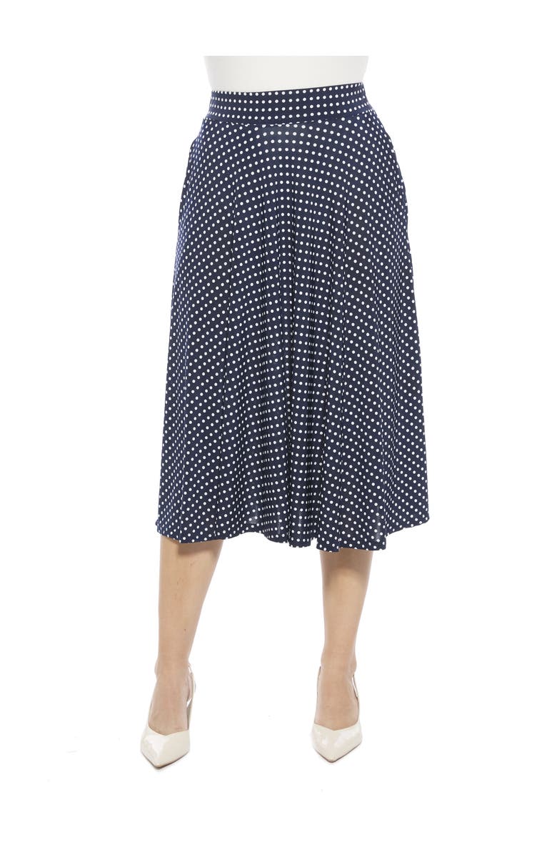 24seven Comfort Apparel Womens Polka Dot Elastic Waist Pocket A-Line Midi Skirt, Main, color, Navy Multi