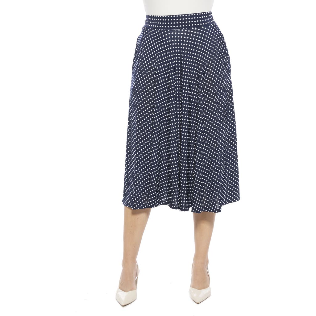 24seven Comfort Apparel Womens Polka Dot Elastic Waist Pocket A-line Midi Skirt In Blue