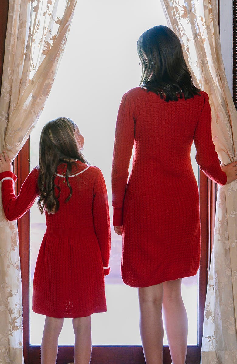 Hope & Henry Kids' Organic Mock Neck Ruffle Cuff Cable Sweater Dress, Alternate, color, Red Cable