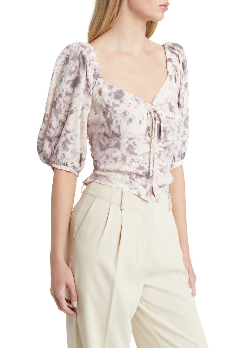 Tie Front Puff Sleeve Blouse, Alternate, color, IVORY- GREY Q CAMPY DYE
