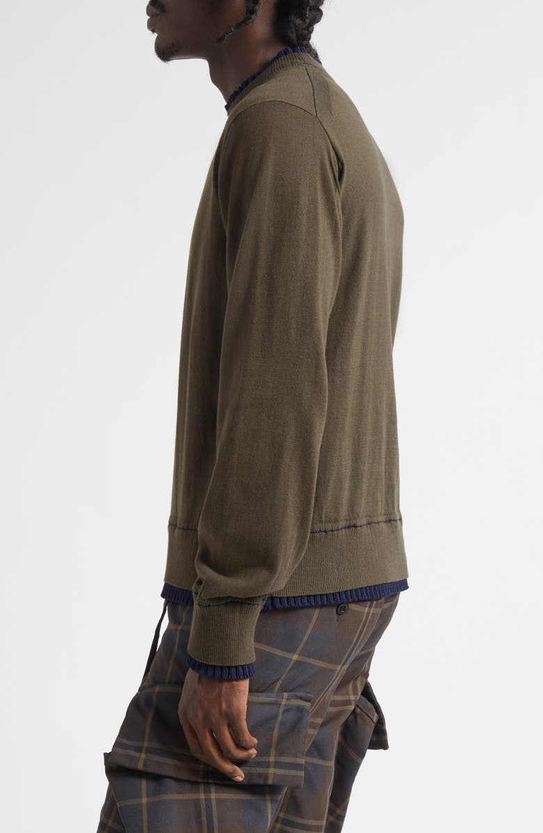 Sacai Layered Cotton & Cashmere Crewneck Sweater, Alternate, color, Khaki/ Navy