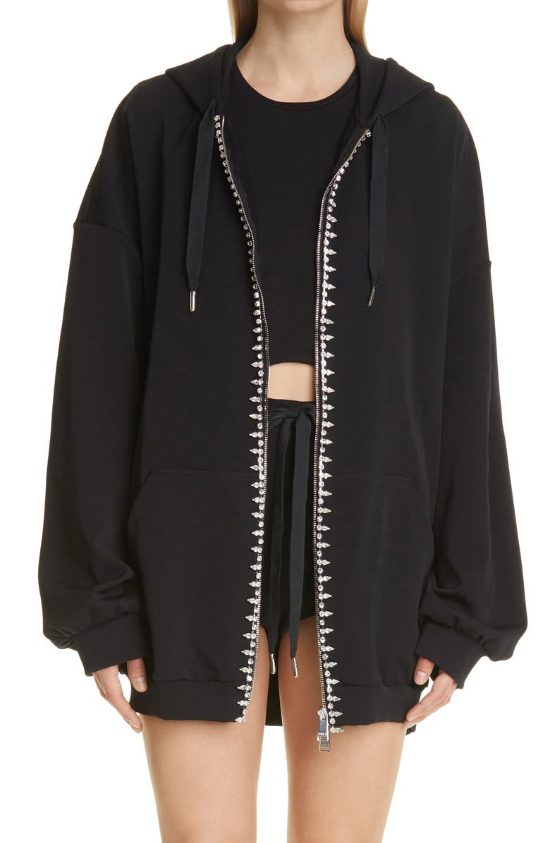Area Crystal Embellished Heart Cutout Oversize Zip Hoodie, Main, color,