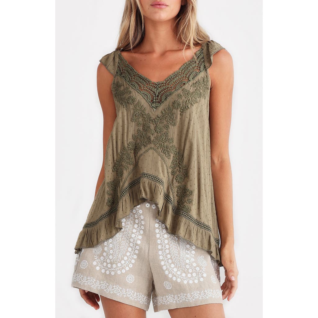 Talisman The Label Exhale Embroidered Camisole In Olive Dobby