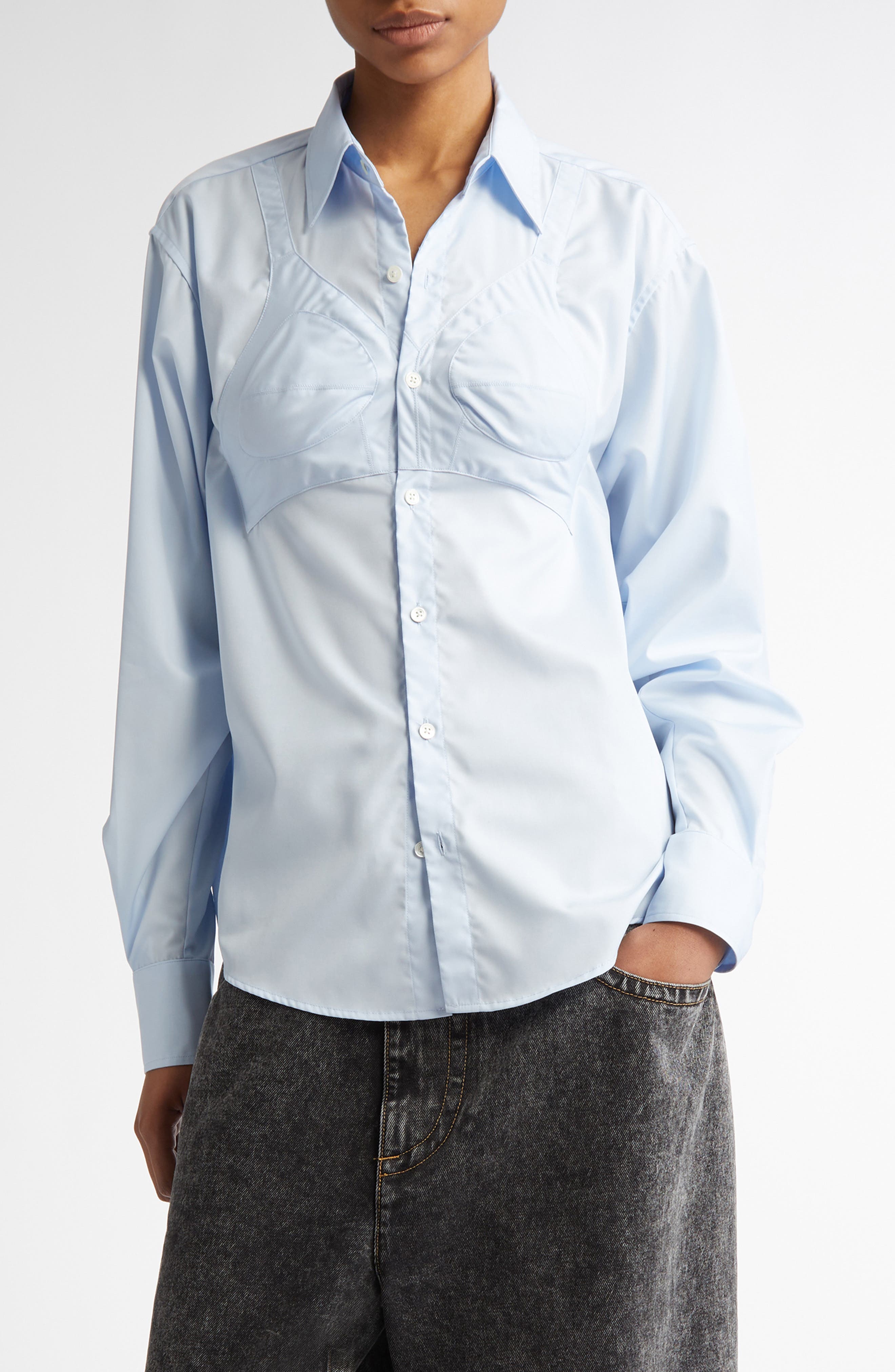Vaquera Bra Cotton Poplin Button-Up Shirt in Baby Blue 