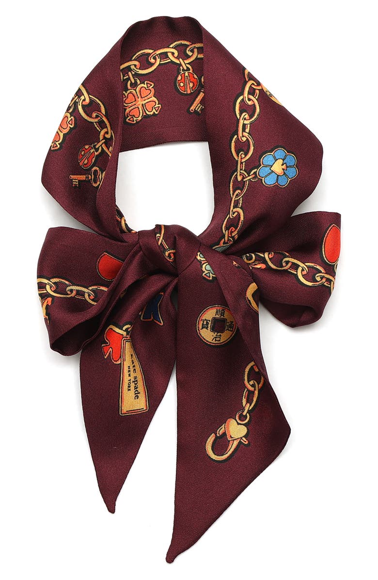 Kate Spade New York lucky charms skinny silk scarf, Main, color, Burgundy Multi