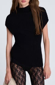 Kenneth Cole Ribbed Mock Neck Asymmetric Hem Top