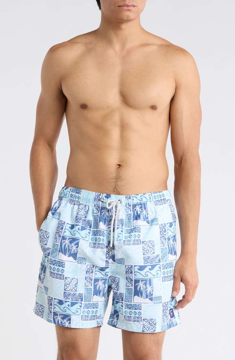 Vintage Summer Endless Print Volley Swim Trunks, Main, color, Aqua