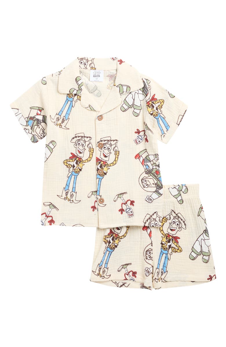 Happy Threads Kids' Disney<sup>®</sup> Toy Story Gauze Camp Shirt & Shorts Set, Main, color, Cream