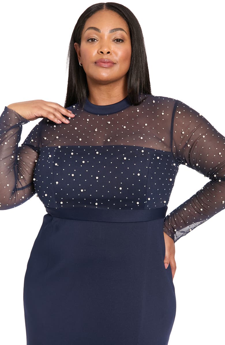 London Times Long Sleeve Faux Pearl Illusion Midi Dress, Alternate, color, Navy