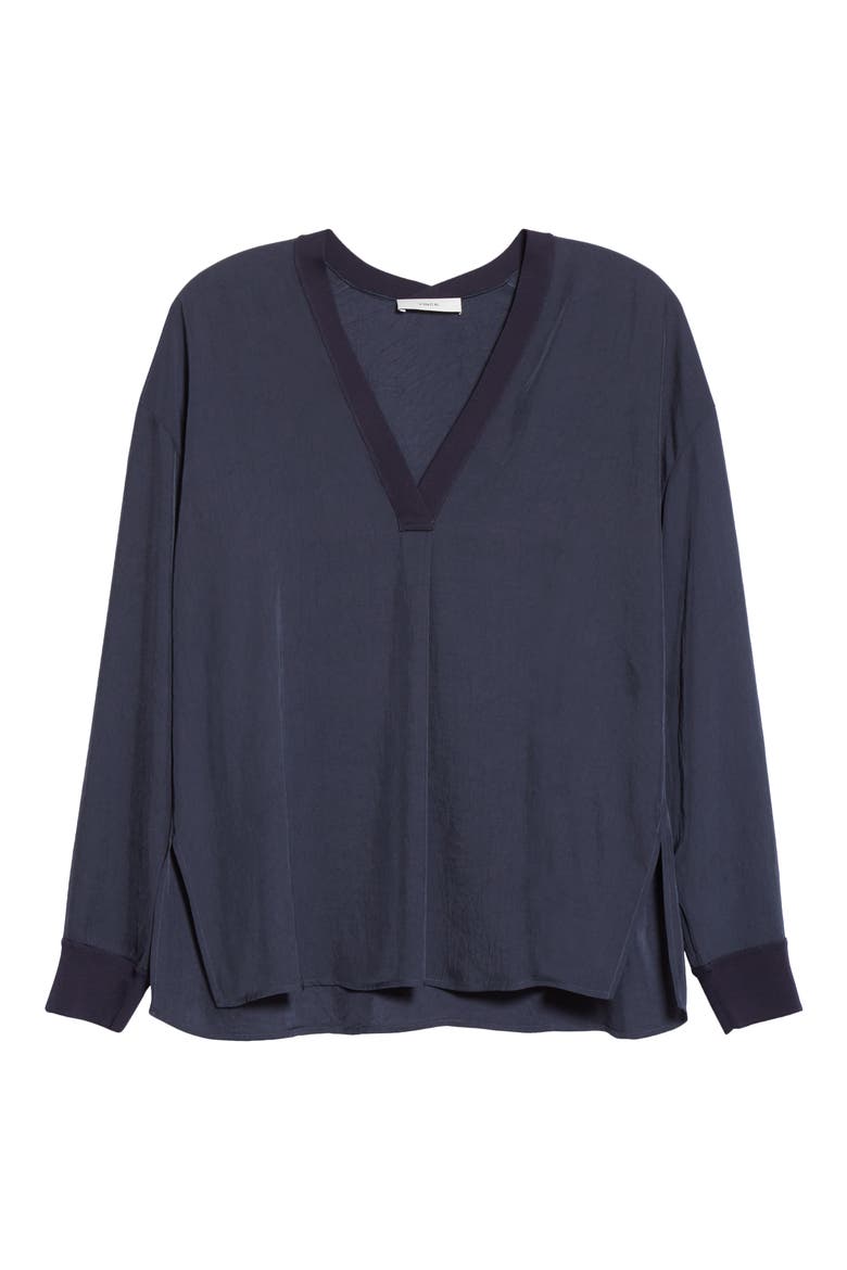 V-Neck Long Sleeve Rib Trim Top, Alternate, color, COASTAL