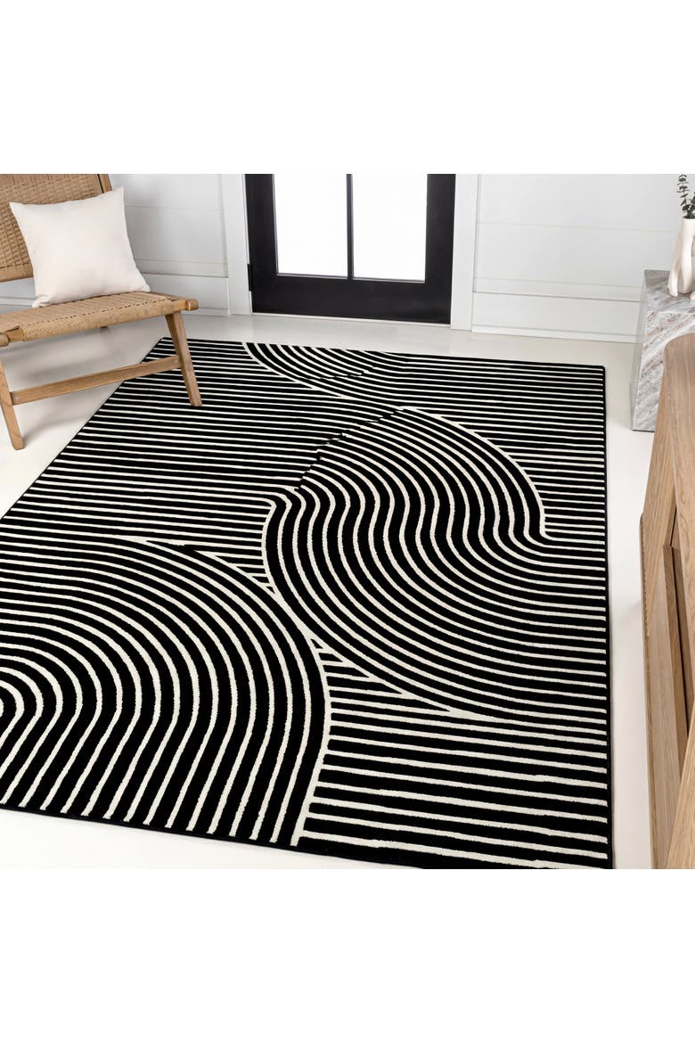 Hallie High-Low Minimalist Curve Geometric Indoor/Outdoor Area Rug, Alternate, color, Black/White
