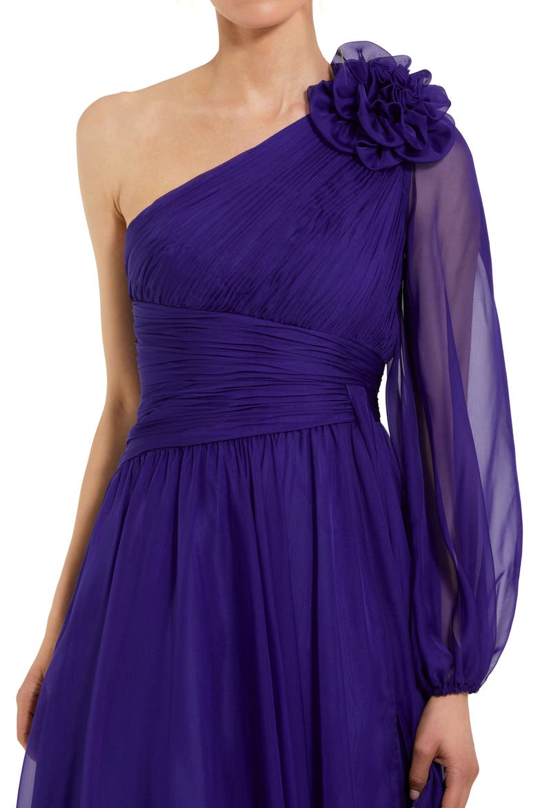 One Sleeve Ruched Chiffon Gown With 3D Flower, Alternate, color, Indigo