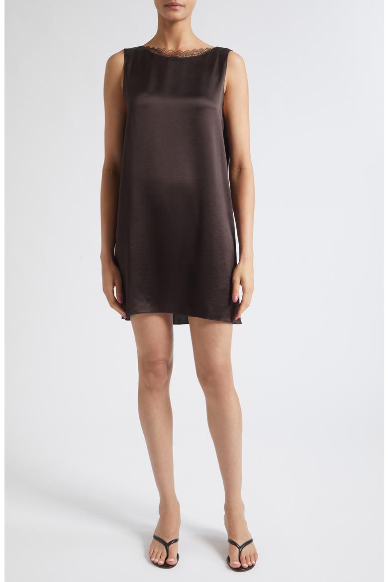 Barb Lace Detail Satin Minidress, Main, color, CHOCOLATE
