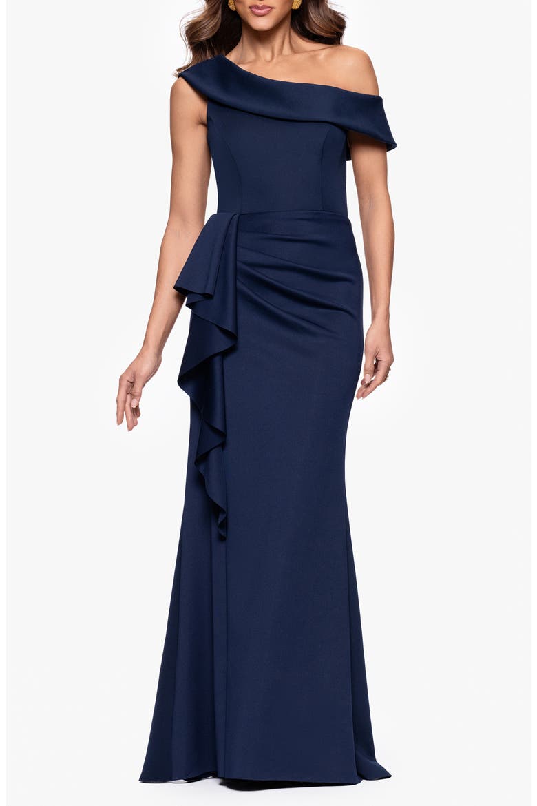 Ruffle One-Shoulder Scuba Knit Gown, Main, color, MIDNIGHT