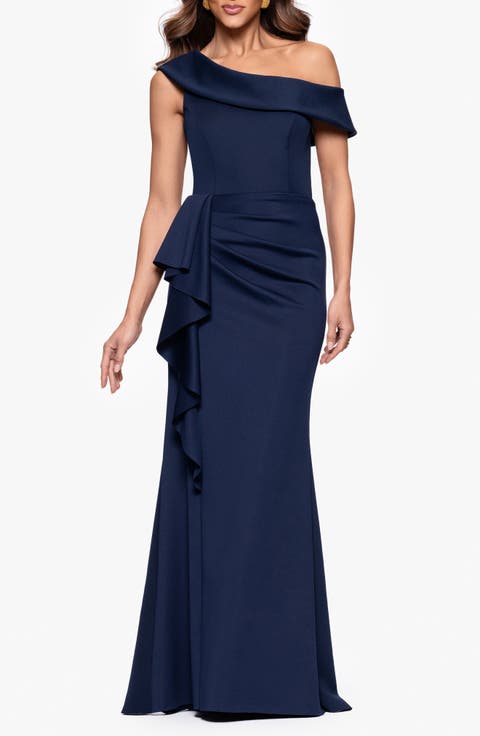 Ruffle One-Shoulder Scuba Knit Gown