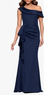 Xscape Evenings Ruffle One-Shoulder Scuba Knit Gown