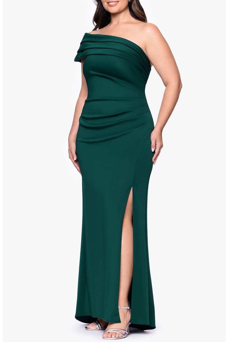 Pleated One-Shoulder Mermaid Gown, Alternate, color, HUNTER