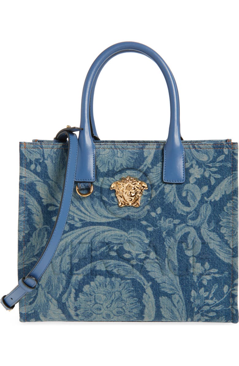 Versace Small La Medusa Barroco Denim Tote, Main, color, Denim Blue Gold