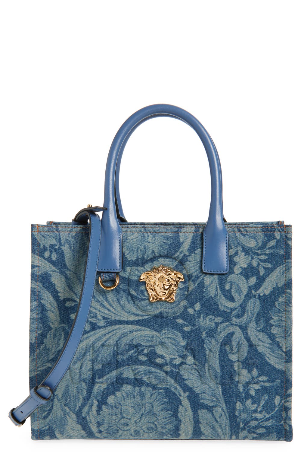 Small La Medusa Barroco Denim Tote, color, DENIM BLUE GOLD