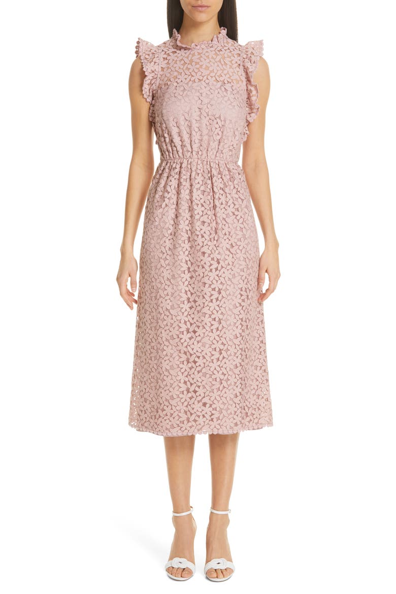 flora lace ruffle dress, Main, color, STRAWBERRY MOCHI