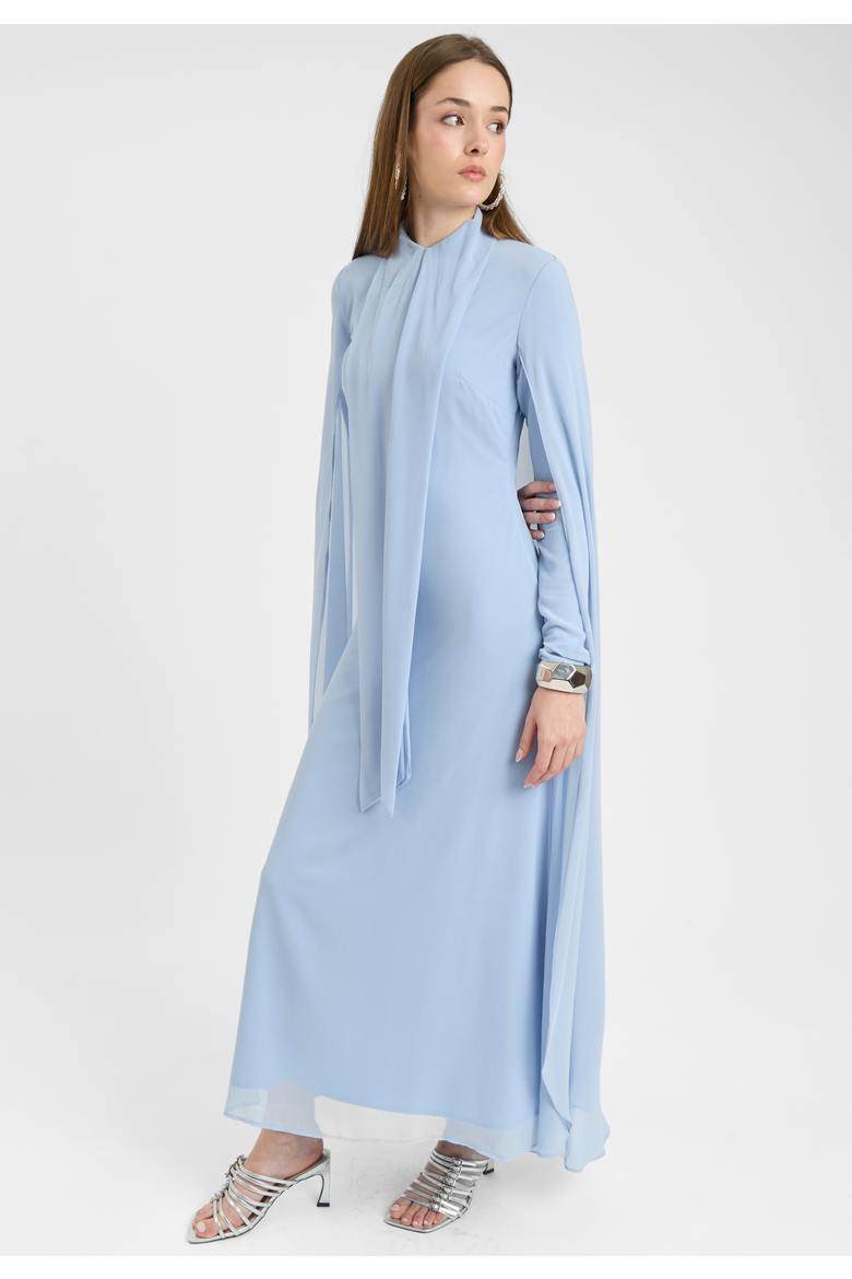 Modest Chiffon Dress Maxi With Cape Style, Alternate, color, BLUE