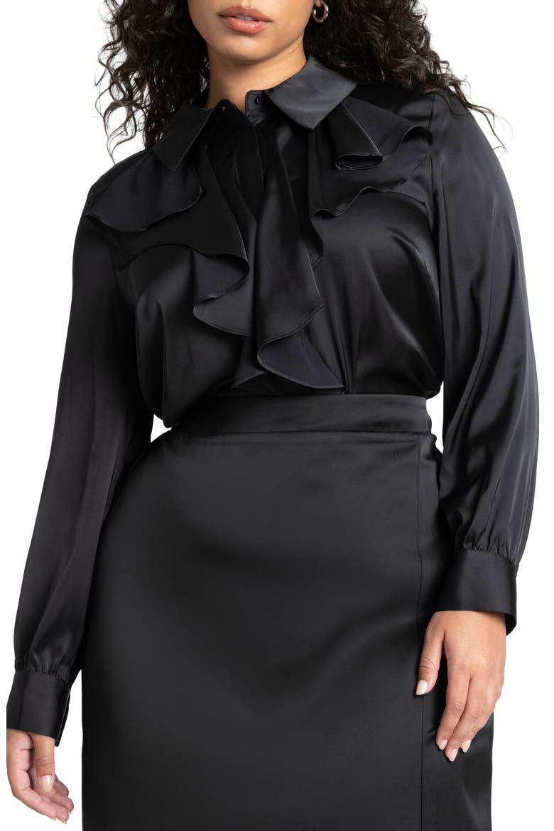 Ruffle Front Long Sleeve Satin Top, Main, color, BLACK ONYX