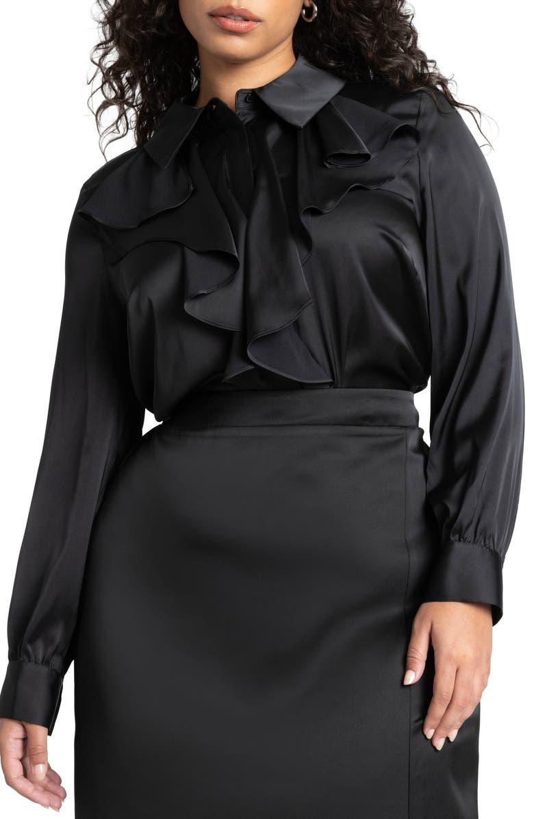 ELOQUII Ruffle Front Long Sleeve Satin Top, Main, color,