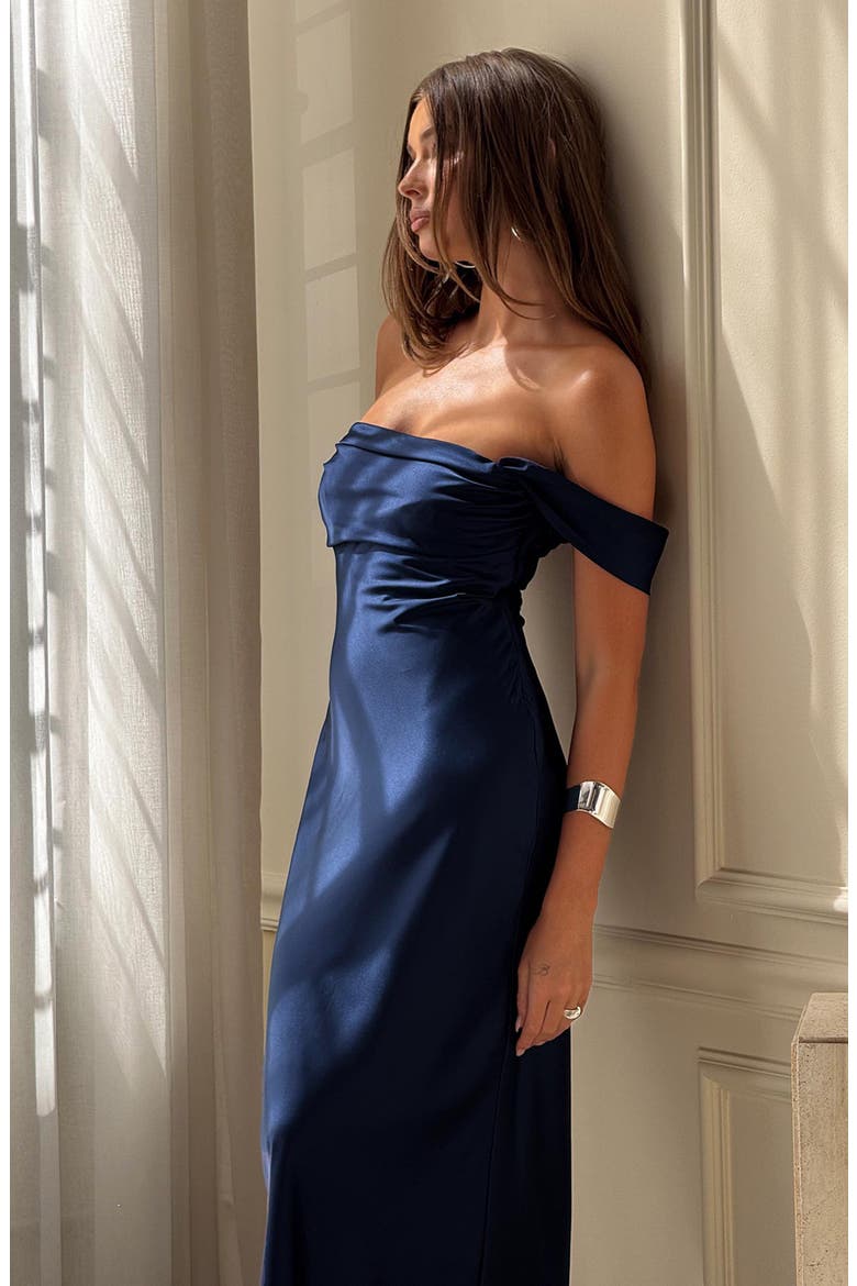 Azura Off the Shoulder Satin Gown, Alternate, color, NAVY