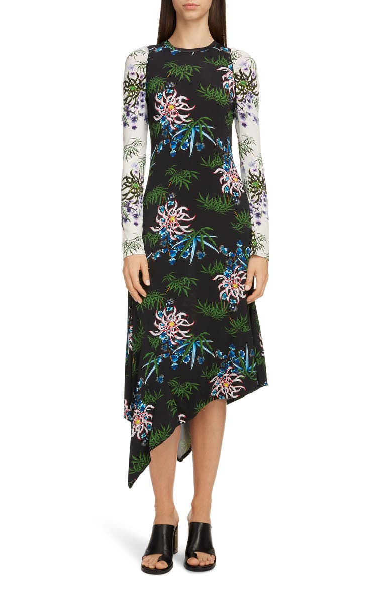 Long Sleeve Asymmetrical Dress, Main, color, BLACK