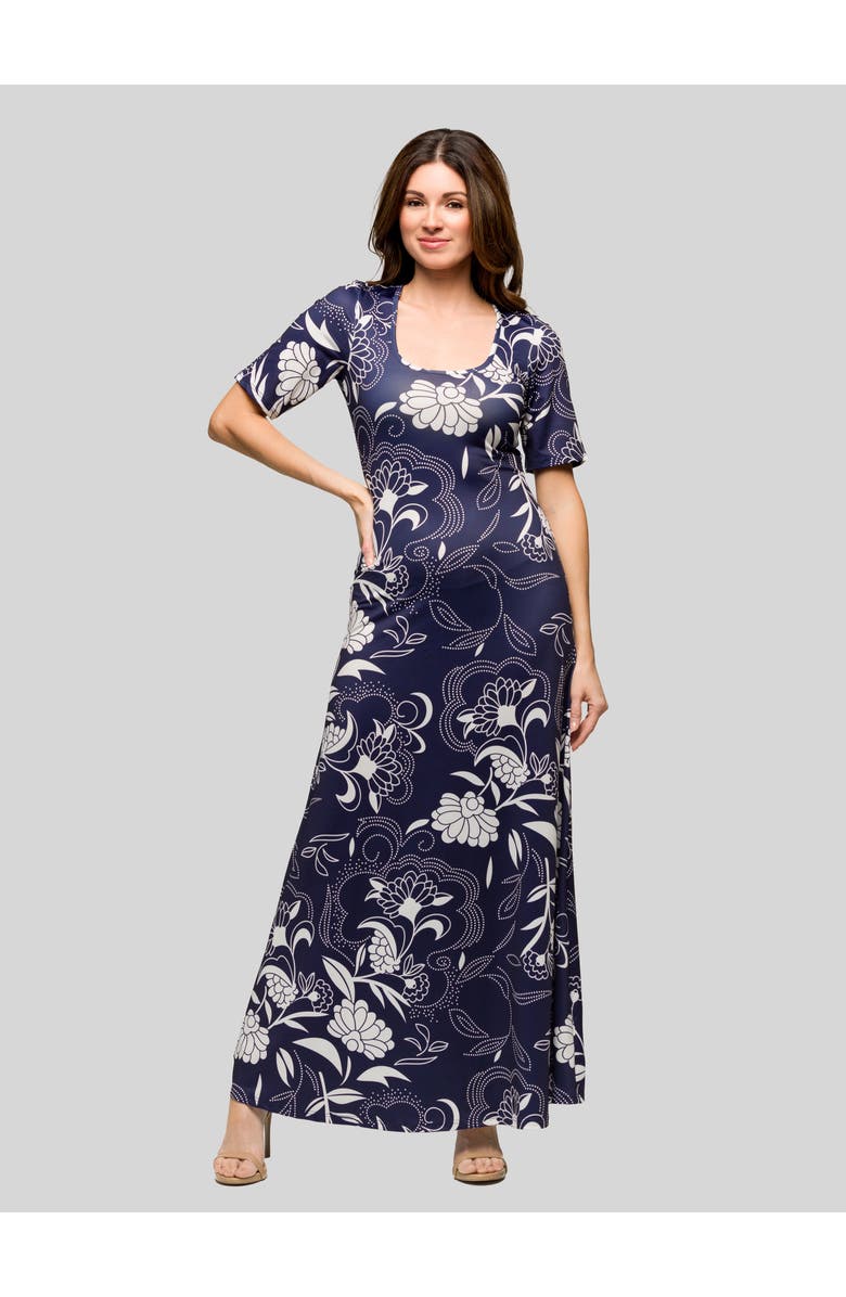 24seven Comfort Apparel Blue Floral Print Elbow Sleeve Casual A-Line Maxi Dress, Main, color, Navy Multi